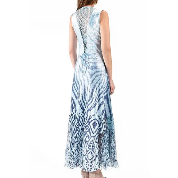 Komarov Charmeuse V-Neck Lace Up Back Crinkle Stretch Blue Floral Maxi Dress M - Picture 13 of 16